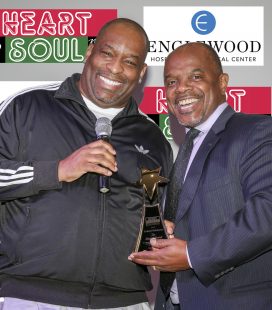 Music mogul, Leland Robinson, Sr., of Sugarhill Records, was presented with The Legend Award by Board Trustee Thomas M. Jackson at the 9th Annual Heart & Soul Music Fest at Englewood Hospital and Medical Center.