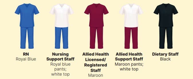 Care team member uniform colors and descriptions