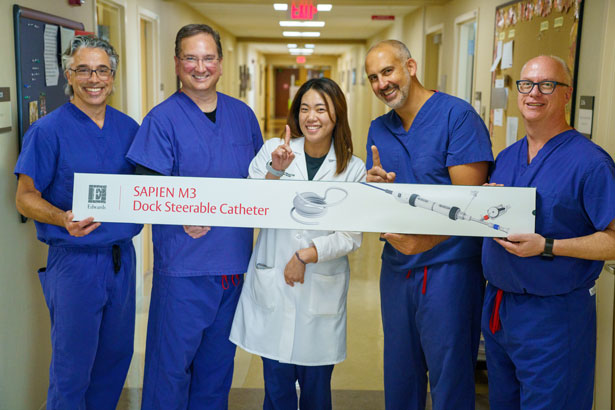 Members of Englewood Hospital’s Structural Heart and Valve team (from left): Bernard Baez, MD; William Lyons, MD; Anna Ha, APN; Ramin Hastings, MD; and Adam Arnofsky, MD.