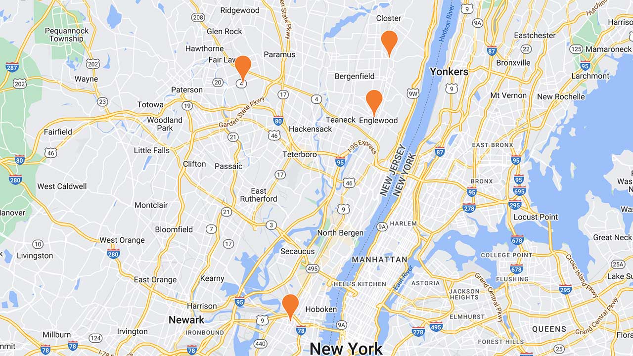Map showing four Englewood Health Urgent Care locations: Jersey City, Englewood, Fair Lawn, and Cresskill