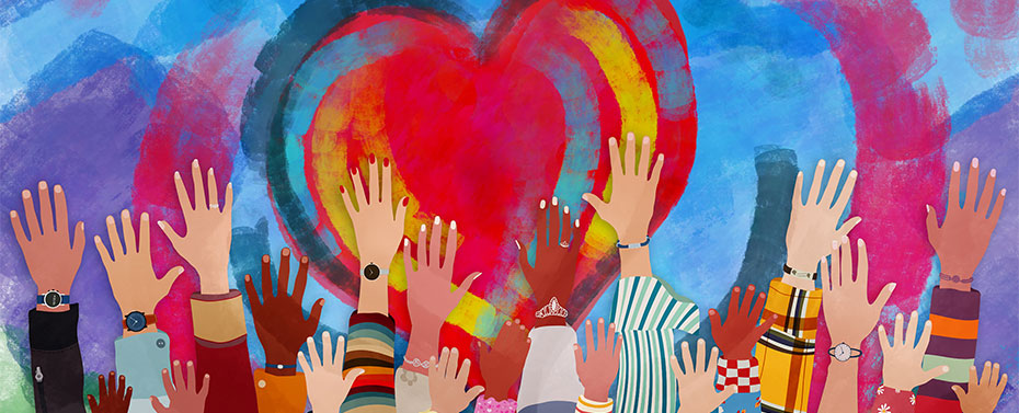 Group of diverse people with arms and hands raised towards a hand painted heart